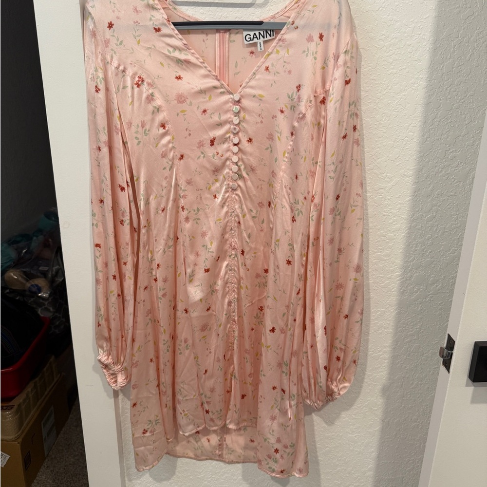 Ganni Blush Floral V-Neck Silk Dress